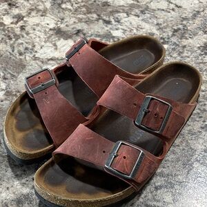 Birkenstock Red/Brown Leather Double-Buckle Slide Sandals